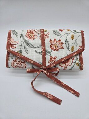 Garnet Hill Rust Floral Travel Jewelry Roll Organizer Storage
